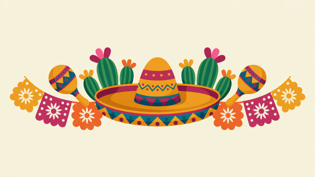 Vibrant mexican fiesta elements with sombrero cacti and paper banners on cream background