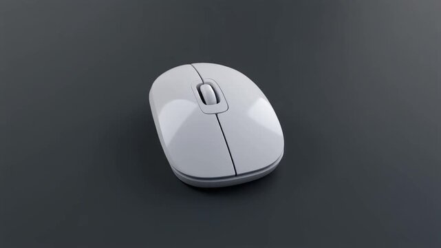 Light gray wireless computer mouse with symmetrical design on dark smooth surface.