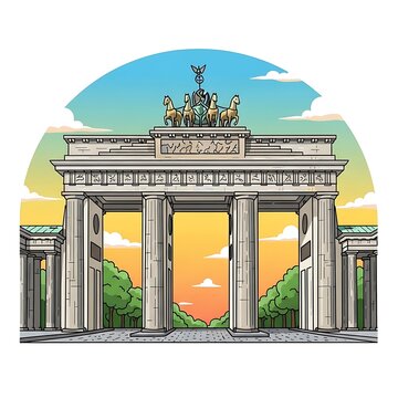 A cartoon depiction of a grand European landmark, showcasing tall columns, intricate details, and a sky filled with colors