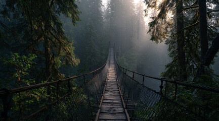 Fototapeta premium A weathered wooden rope bridge vanishes into a dense, ethereal fog. The deep blue tones and lush jungle foliage create a mysterious, cinematic atmosphere of silent exploration. 