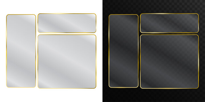 Glowing golden glass frames in various shapes. PNG transparent glass with glitter gold border for luxury banners, photo frames, and elegant UI design elements. Vector graphics.