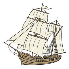 Vintage sailing ship with white sails and brown hull © murad