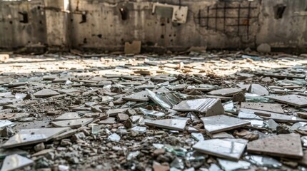 Shattered ceramic and glass fragments litter the dusty floor of an abandoned, decaying building, creating a scene of stark destruction.