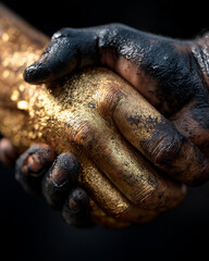 Obraz premium Handshake of Harmony: A close-up shot of two hands clasped in a firm handshake, one covered in gold glitter and the other in dark glitter, symbolizing unity and partnership.