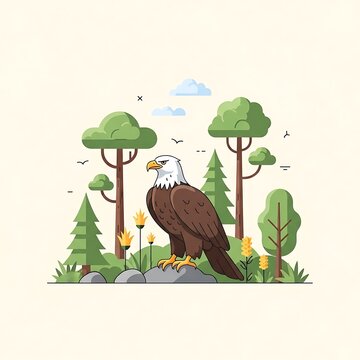 A cartoon bald eagle perches atop a rock amidst stylized trees and wildflowers, with a cream-colored background and simple graphic style