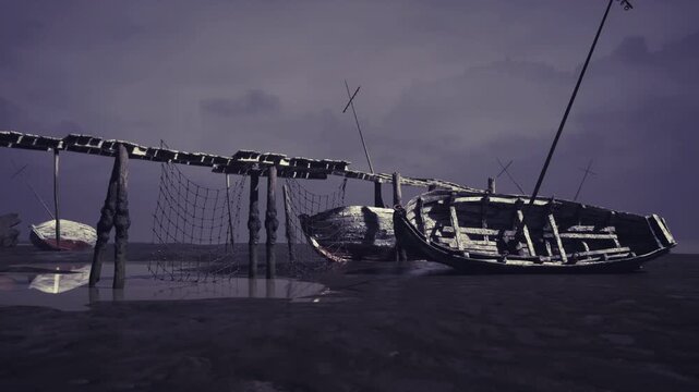 Twilight fishing vessel listing beside rickety pier, nets draped over rails, mooring ropes slack, atmospheric purple sky, maritime abandonment narrative.