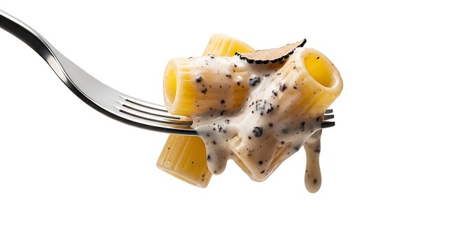 Close up of pasta with creamy sauce and truffle on a fork against white background