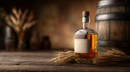 Fototapeta premium Square Bourbon Bottle with Blank Label, Oak Stave, and Wheat