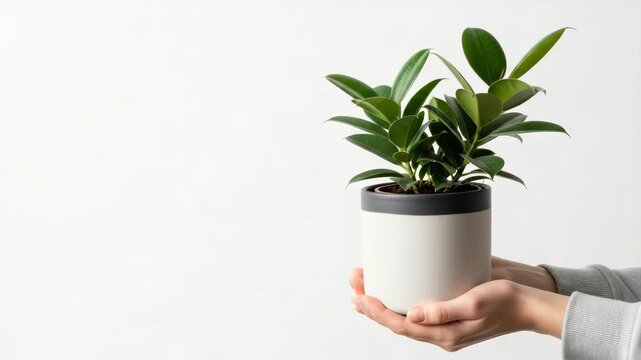 Nurturing Growth: A pair of hands cradles a vibrant houseplant in a minimalist ceramic pot, embodying the gentle care and attention needed for growth and flourishing.