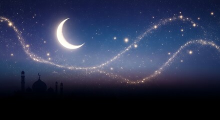 Fototapeta premium Crescent moon and stars over mosque silhouette at night.