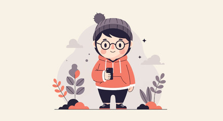 Cute cartoon character with glasses and beanie holding a smartphone in a minimalist outdoor scene