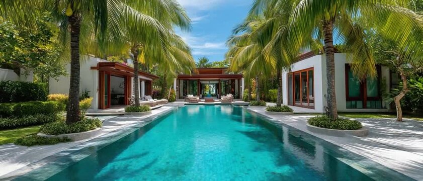 Paradise Villa: A luxurious villa, boasting a stunning pool lined with towering palm trees, invites you to experience serenity under the vibrant blue sky.