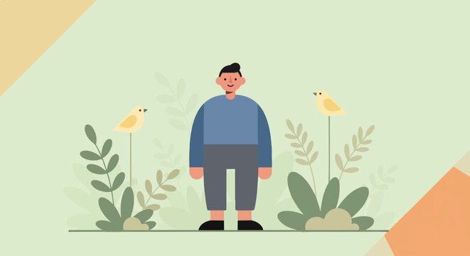 A smiling man stands among plants with birds on stalks in a minimalist style