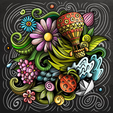 Spring hand drawn cartoon doodle illustration. Funny seasonal design. Creative art vector background. Nature elements and objects. Colorful composition