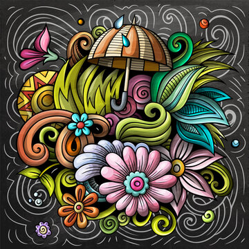 Spring hand drawn cartoon doodle illustration. Funny seasonal design. Creative art vector background. Nature elements and objects. Colorful composition