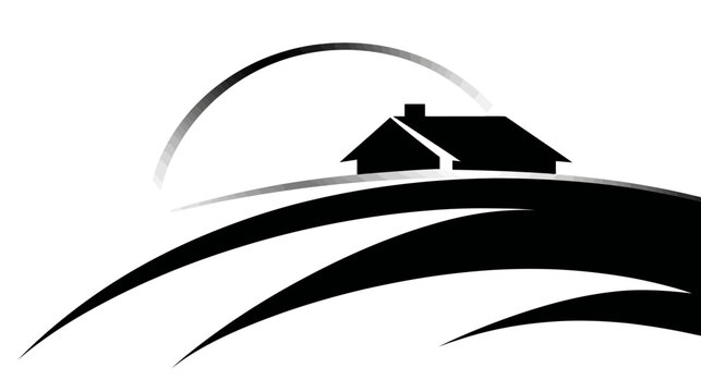 Black and white abstract landscape with a house silhouette under a semi-circle gradient