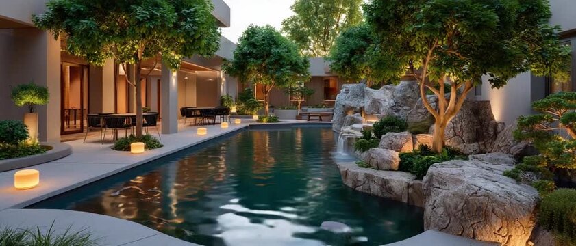 Elegant Oasis: An exquisite display of luxury living with a serene outdoor swimming pool, framed by lush greenery, manicured trees, and cascading rock formations.