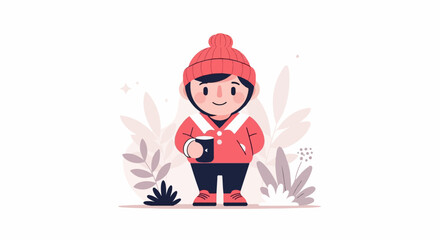 Cute character in warm clothing holding a mug surrounded by abstract plants and sparkles