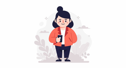 Flat illustration of a smiling person with dark hair, holding a smartphone, wearing a red jacket and blue pants