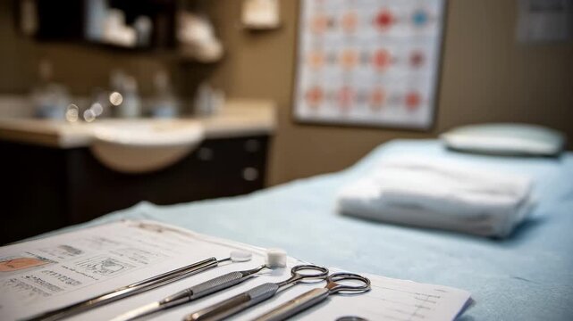 Closeup on a dermatology exam table with skin care instruments in sharp focus while a dermal condition chart and sink remain blurred in the background.