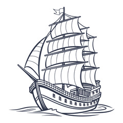 Vintage sailing ship with three masts and billowing sails on calm waters © Mia1000