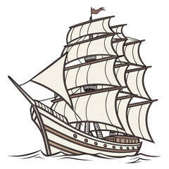 Vintage sailing ship with white sails and brown accents on water © Mia1000