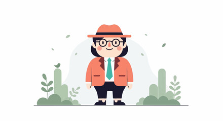 Fototapeta premium Whimsical character in coral suit and hat with nature elements