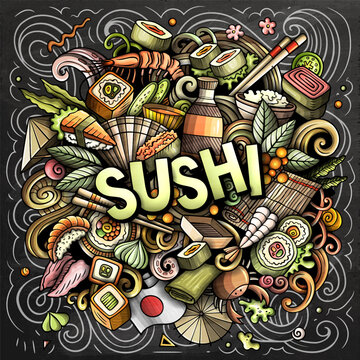Sushi vector chalkborad illustration with rolls, nigiri, chopsticks, soy sauce, rice, fish and Japanese elements. Perfect for food, restaurant, Asian cuisine and culinary design projects