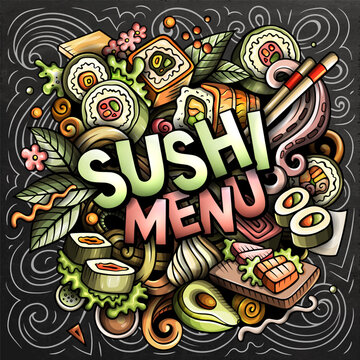 Sushi Menu vector chalkborad illustration with rolls, nigiri, sashimi, seafood, rice, chopsticks and Japanese cuisine elements. Perfect for restaurant, culinary and food design projects