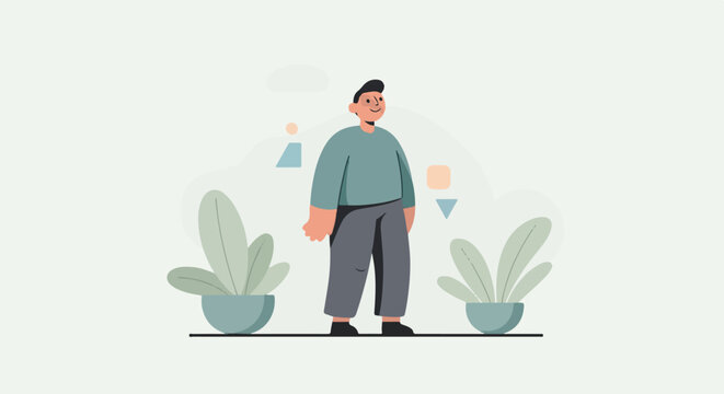 A man stands calmly amidst simple, abstract shapes and potted plants
