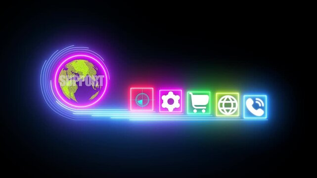 Glowing neon digital interface with a purple ring around a green earth globe showing the word SUPORT and a series of five illuminated squares on a