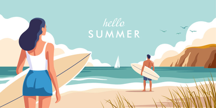 Concept of vacation and travel. Beach scene featuring surfers. Vector illustration in a minimalistic style.
