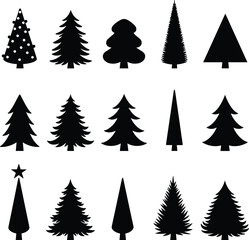 Obraz premium Black Christmas tree silhouette illustration set with decorative ornaments, festive holiday design elements for winter, celebration and art projects