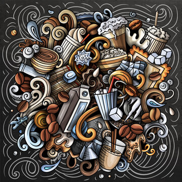 Vector doodle illustration of iced latte and cold coffee drinks with cups, beans, ice, milk, and cafe elements. Perfect for coffee shops, summer beverages, menus, packaging, and advertising