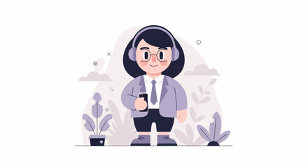 Person in headphones and suit holding phone, surrounded by stylized plants and clouds