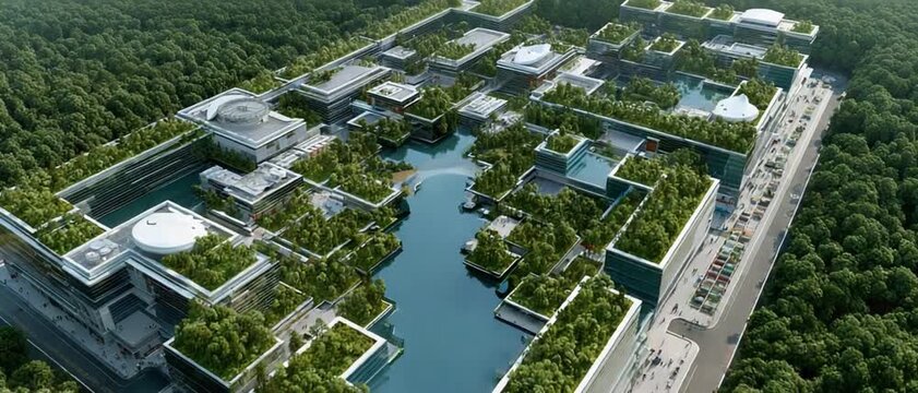 Skyline Oasis: Aerial view captures an integrated architecture marvel of modern structures, embraced by lush green rooftops and a serene waterway, a harmonious blend of nature and human innovation.