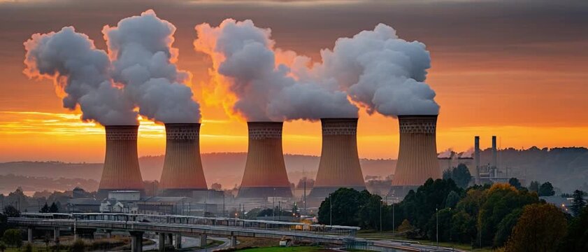 Industrial Emissions: A row of towering industrial chimneys spew plumes of smoke into the sky, juxtaposed against a serene sunrise.