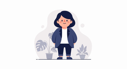 Flat illustration of a person in a suit standing with potted plants