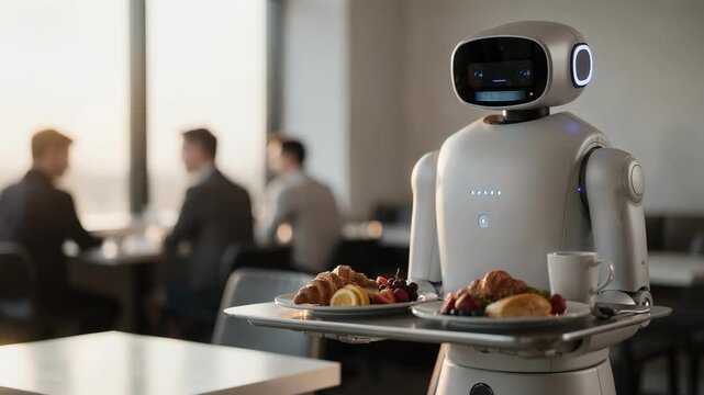 Medium shot capturing a minimalist robot carrying breakfast plates main focus on robots smart sensors with softly blurred morning dining environment.