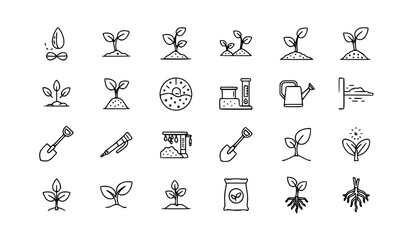 Plant growth line icon set with seeds seedling soil testing drought gardening agriculture outline vector © Ashik