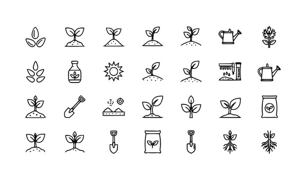 Plant growth line icon set with seeds seedling soil testing drought gardening agriculture outline vector