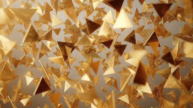 Golden geometric triangles suspended in mid-air, creating a dynamic visual effect against a soft, blurred background with warm tones and subtle lighting