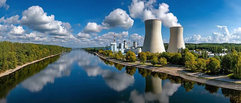 Power Plant's Panorama: A vast power plant complex, marked by towering structures and billowing steam, stands amidst a stunning landscape, its presence harmonizing with the natural environment. 