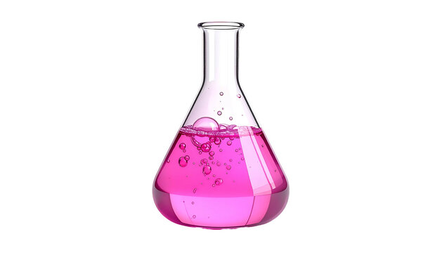 A clear, glass Erlenmeyer flask filled with pink liquid and bubbles against black