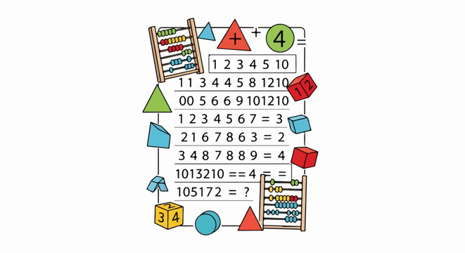 Colorful math puzzle with abacus, shapes, and equations