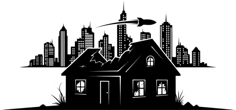 Dilapidated house with broken windows sits before a city skyline and rocket