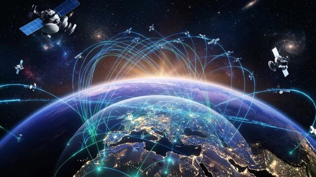 Nighttime satellite view of Earth with illuminated city lights and multiple satellites orbit transmitting glowing data arcs and streams, forming global communication network linking cities