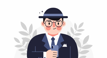 Obraz premium Stylized portrait of a smiling man in a hat and suit, holding a smartphone, with foliage