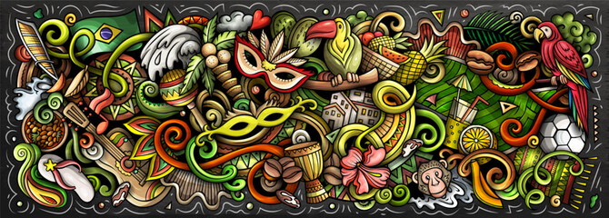Brazil vector illustration with carnival, Amazon jungle, football, beaches, coffee and cultural icons. Ideal for travel, tourism, nature and adventure themes © balabolka
