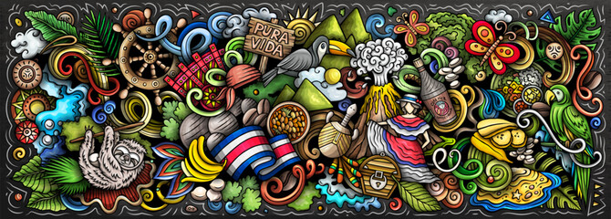 Colorful Costa Rica vector illustration with tropical wildlife, exotic plants, beaches, volcanoes and culture elements. Perfect for travel, tourism, adventure and nature themes © balabolka